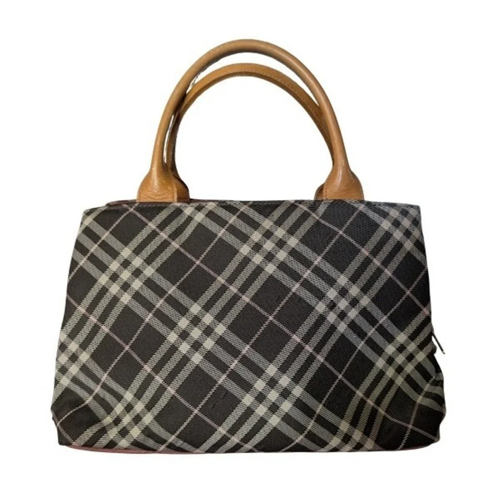 Burberry London Blue Label Nova Check Canvas Leather Tote Handbag Brown Pink